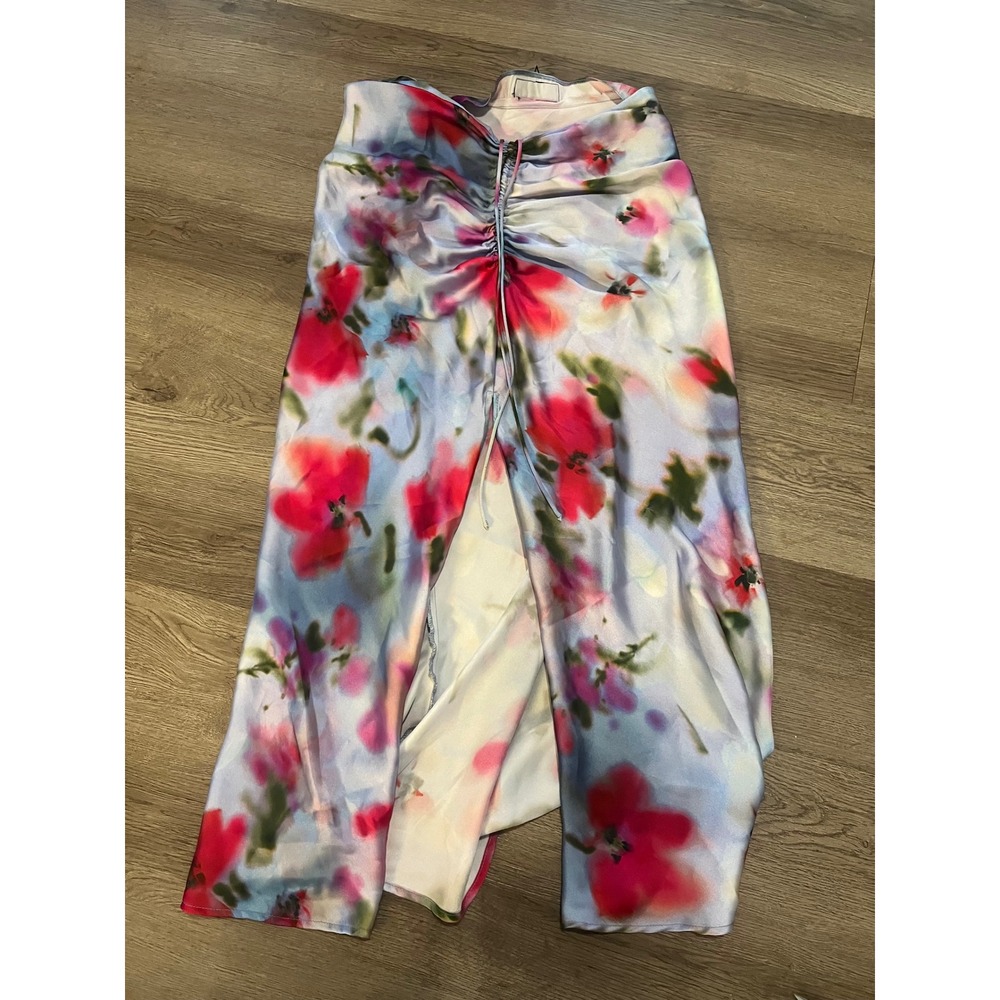 Zara Floral Ruched Midi Skirt Blue Pink Watercolor Print Front Slit Large